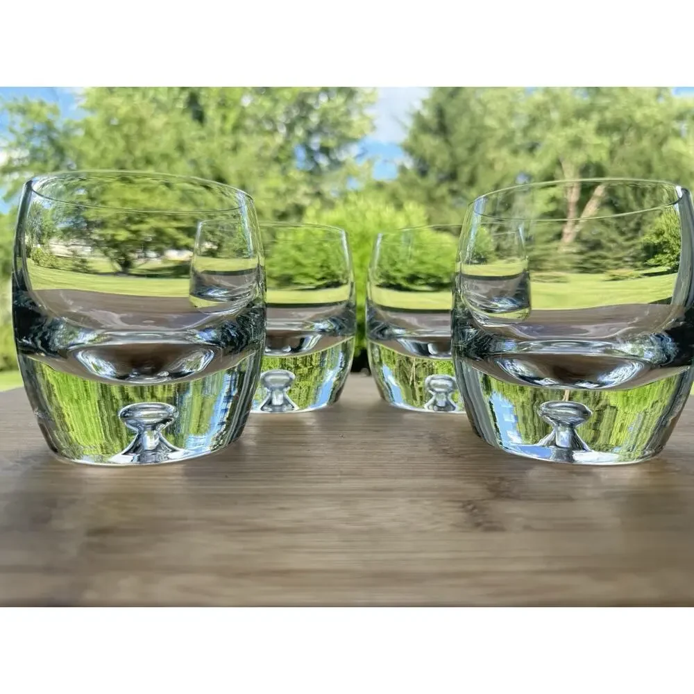 Krosno Poland Whiskey Glasses Bubble Bottom Heavy Base Clear Tumblers Set of 4